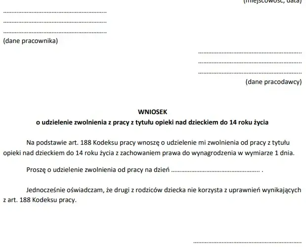 Wniosek o urlop na dziecko - 2 dni opieki nad dzieckiem oświadczenie, wniosek o urlop opiekuńczy