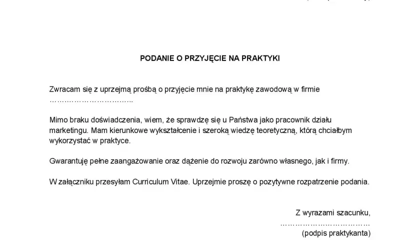 Wzór podania o praktyki - Przykładowe podanie na praktyki i prośba o przyjęcie na praktyki